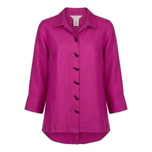 Multiples Womens SMALL Metallic Pink Artsy Button Up 3/4 Sleeve Tunic Blouse